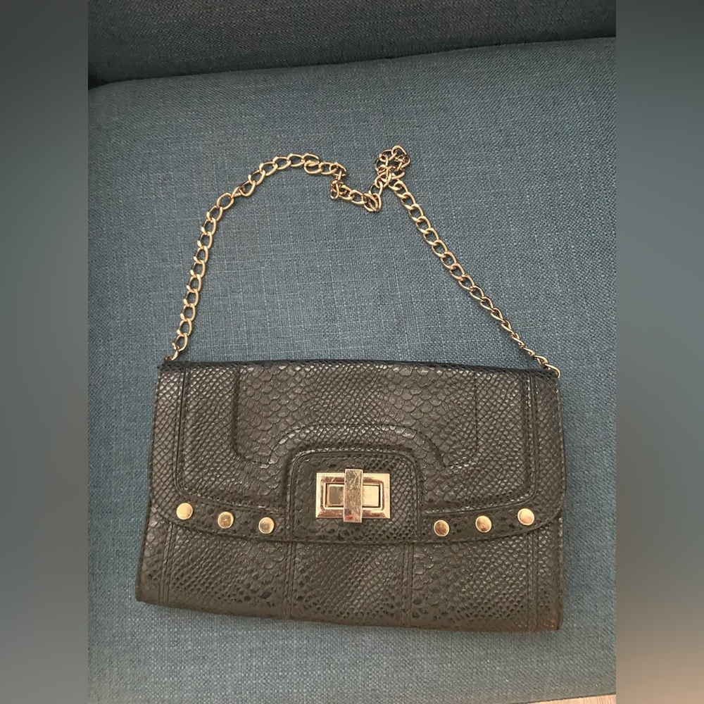 Cache Animal Print Black Vegan Leather Chain Strap Clutch Evening Purse Gold